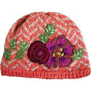 French Knot Wool Knit Beanie Made in Nepal Flower Floral Applique Fleece Lined
